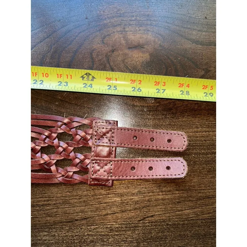 Vintage Brown Leather Woven Wide Kidney Belt 1990s XS western Triple Buckle